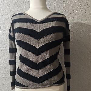 Striped V-Neck Women’s Sweater in Black and Gray - Lightweight
